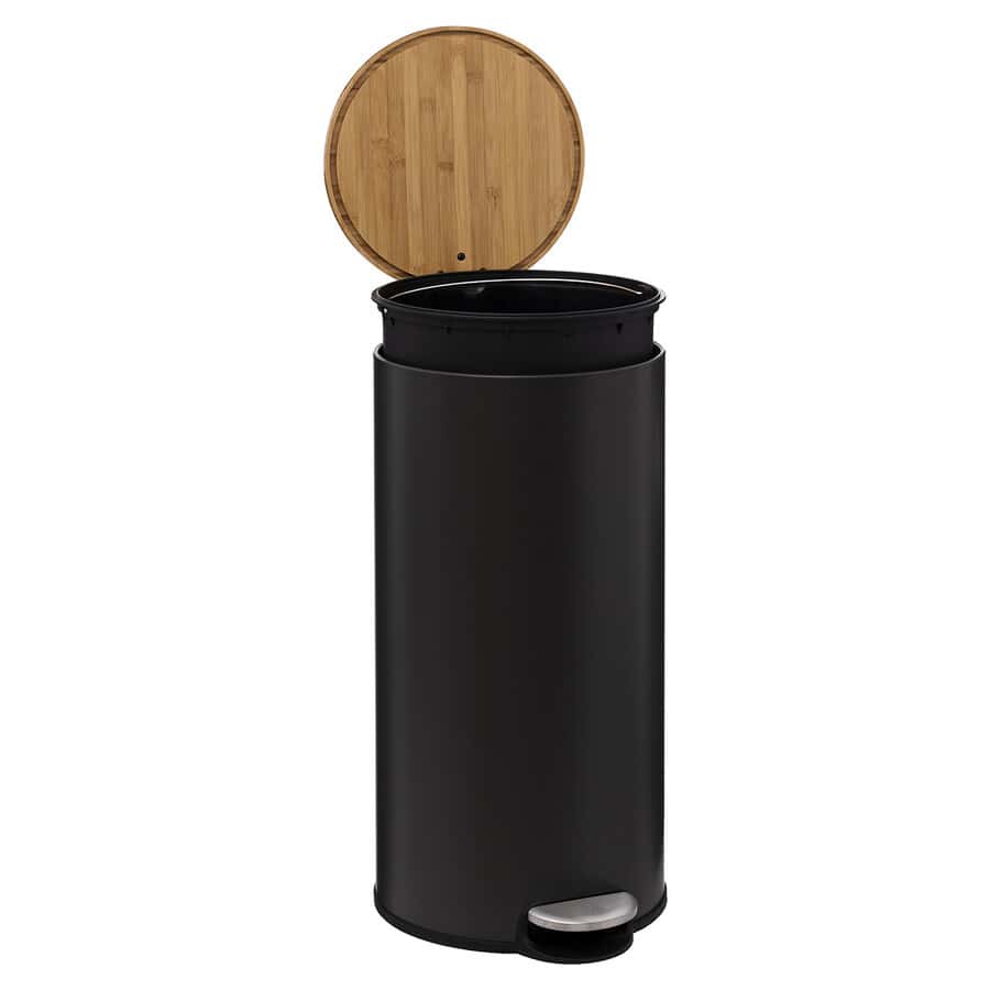 Poubelle ronde avec couvercle bambou 30L, Noir