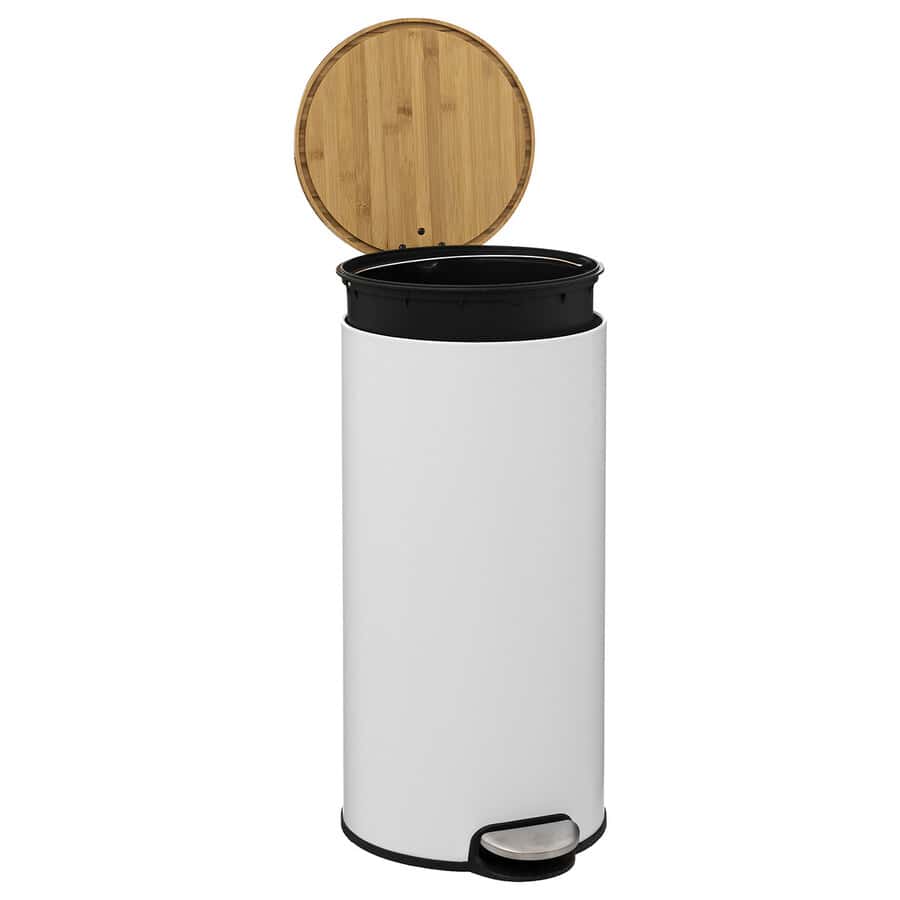 Poubelle ronde avec couvercle bambou 30L, Blanc