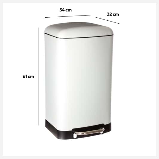 Poubelle rectangulaire à pédale métal 30L, Blanc