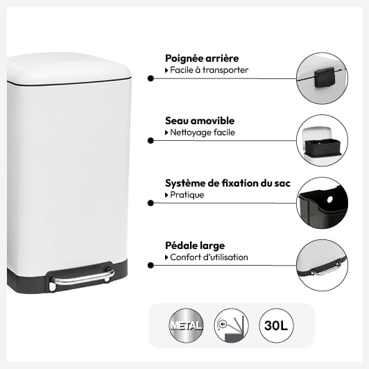 Poubelle rectangulaire à pédale métal 30L, Blanc