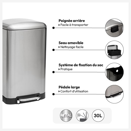 Poubelle rectangulaire à pédale métal 30L, Inox
