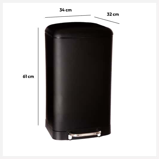 Poubelle rectangulaire à pédale métal 30L, Noir
