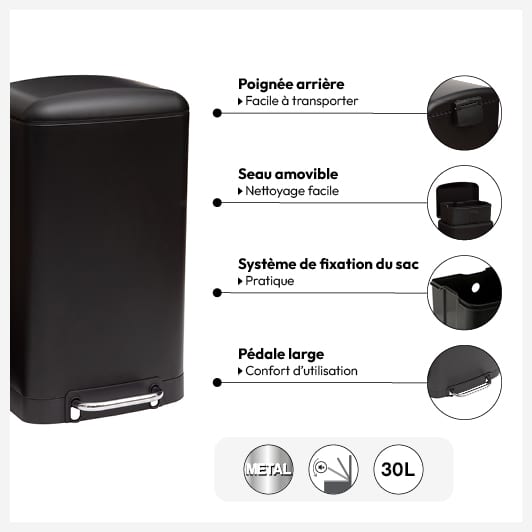 Poubelle rectangulaire à pédale métal 30L, Noir