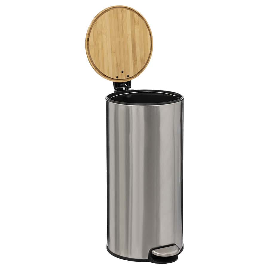 Poubelle ronde avec couvercle bambou 30L, Inox