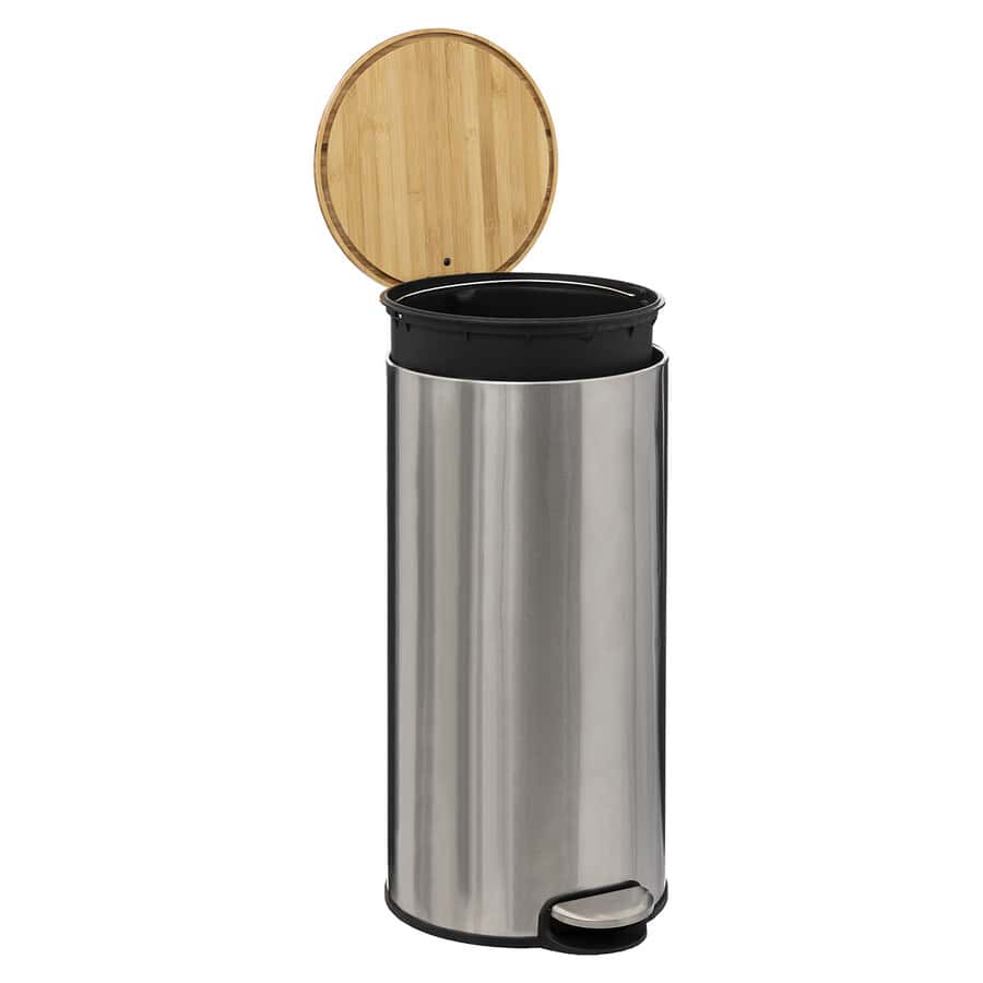 Poubelle ronde avec couvercle bambou 30L, Inox