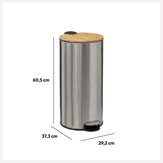 Poubelle ronde avec couvercle bambou 30L, Inox