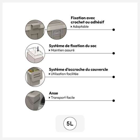 Poubelle compost plastique 5L, Taupe