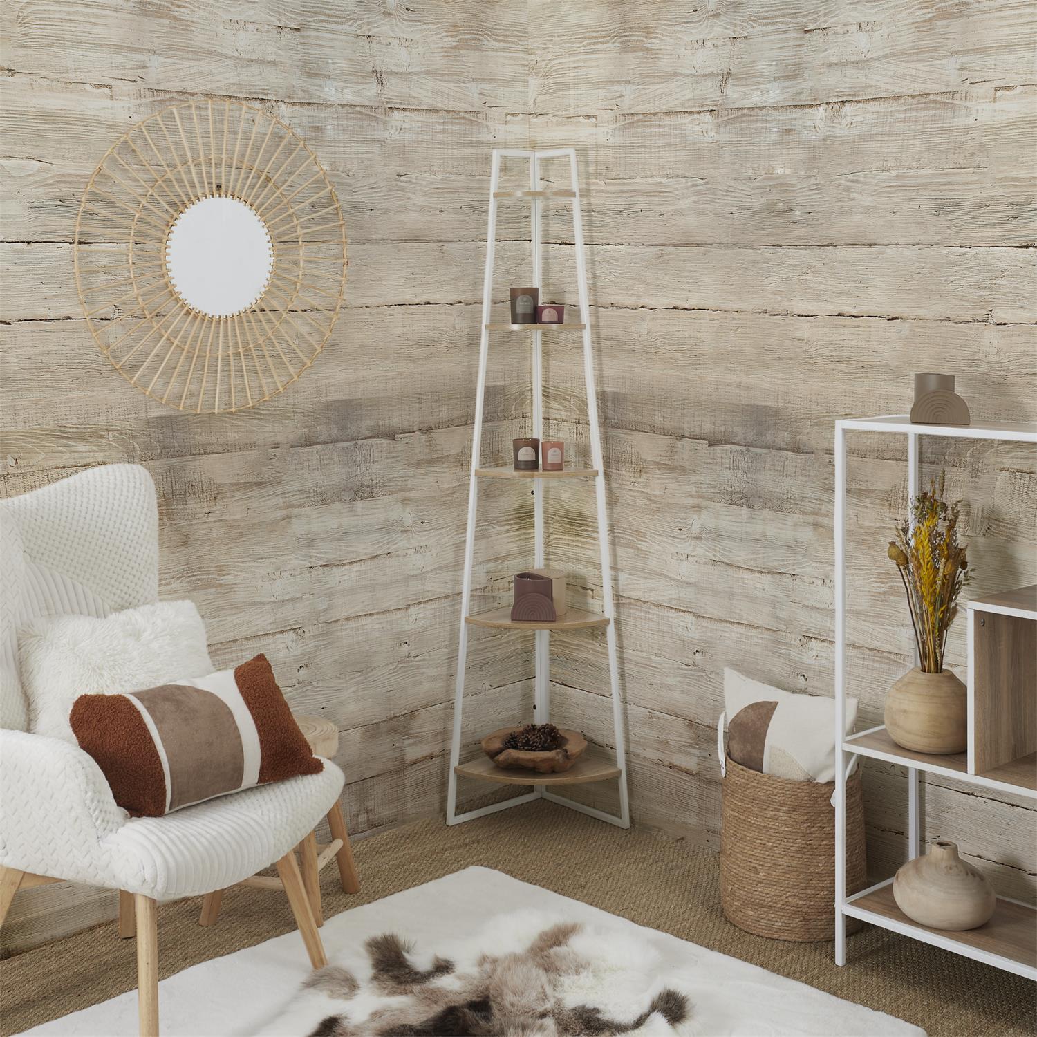 Etagère angle 5 niveaux bois et métal blanc