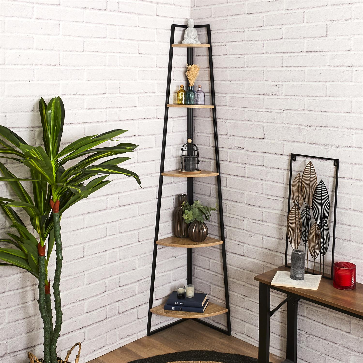 Etagère angle 5 niveaux bois et métal noir