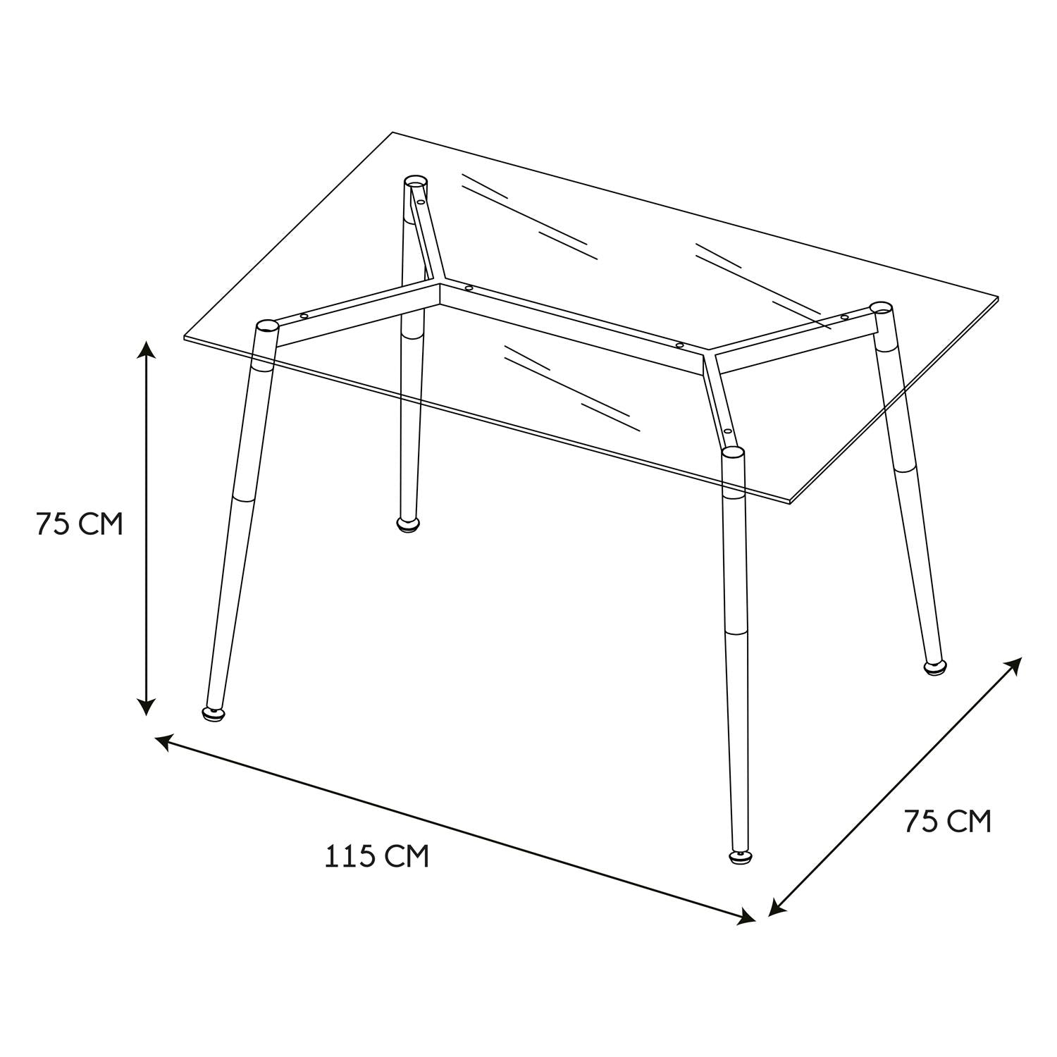 Table en verre pieds métal effet bois 75x115cm