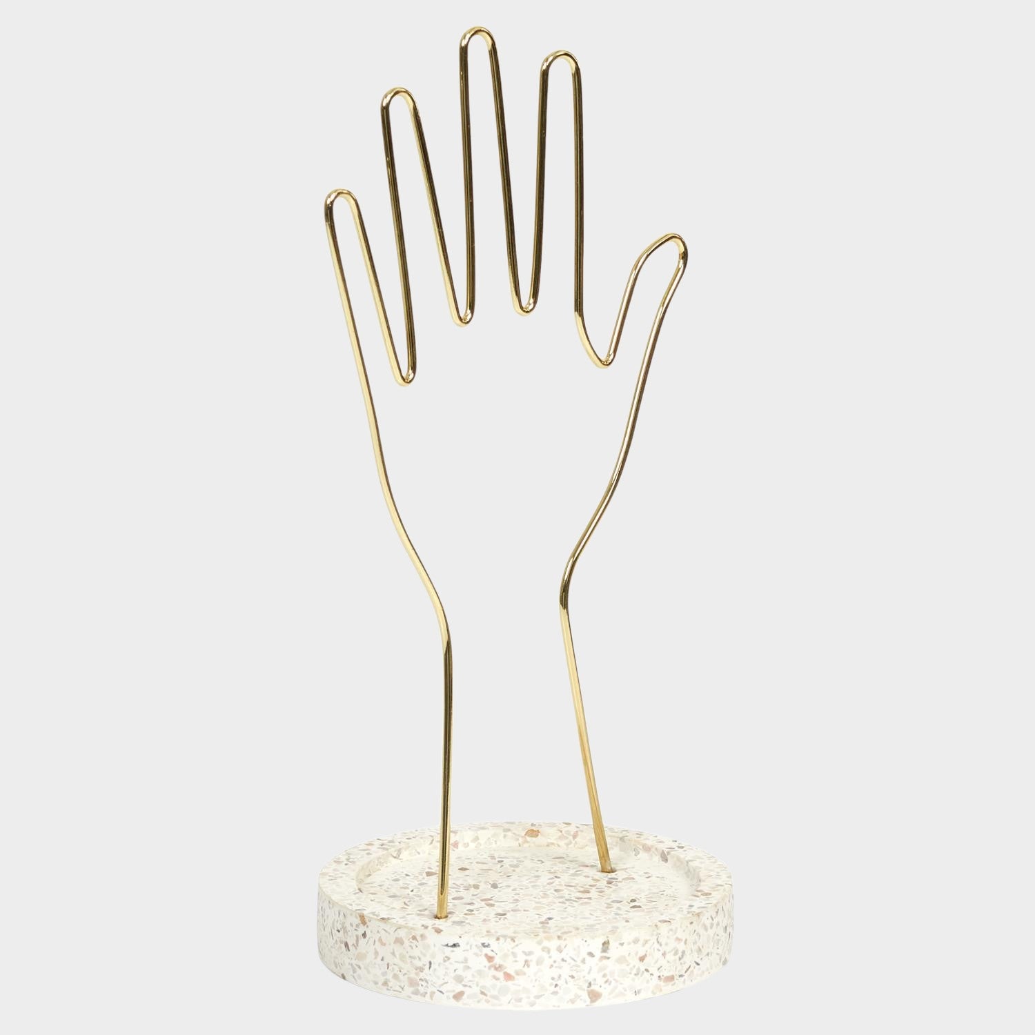 Porte-bijoux main en métal avec support terrazzo, parfait pour ranger et présenter des bijoux.