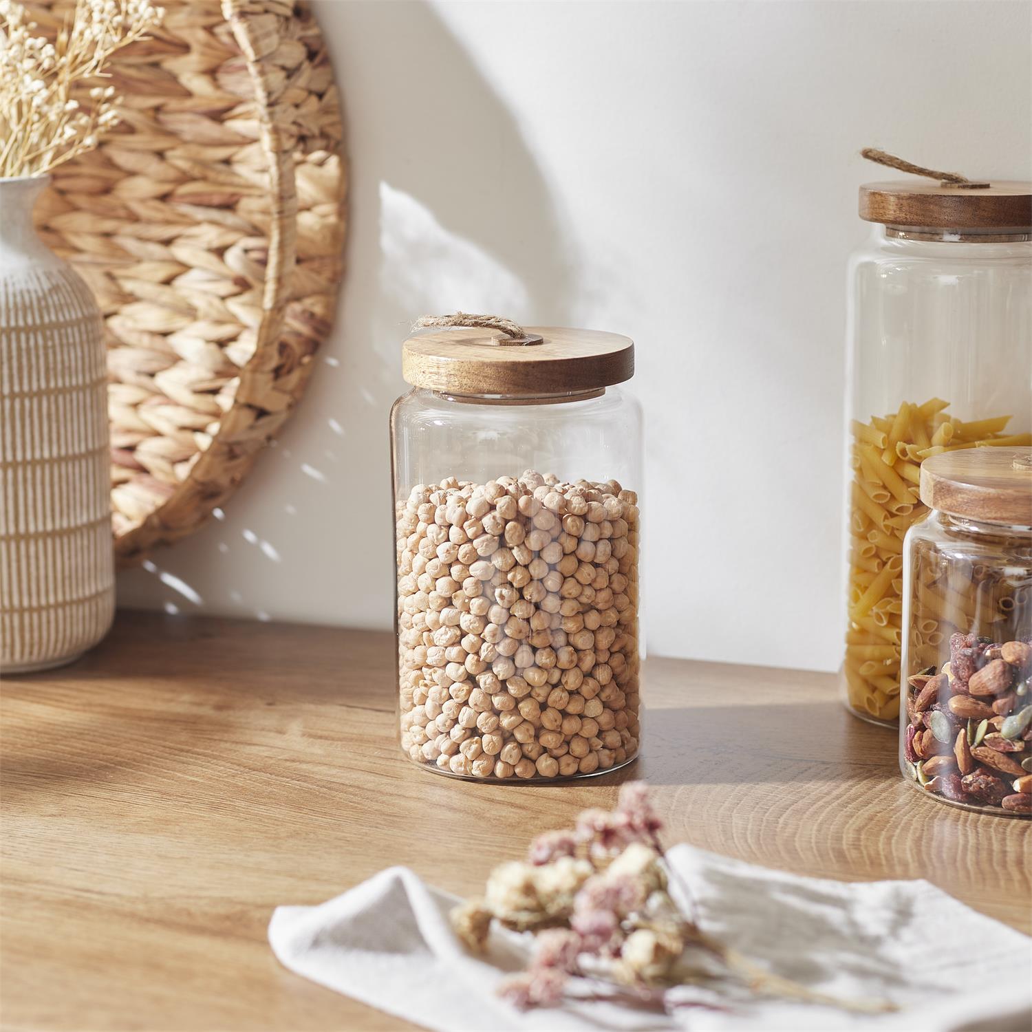 Bocal verre avec couvercle acacia Lot de 4