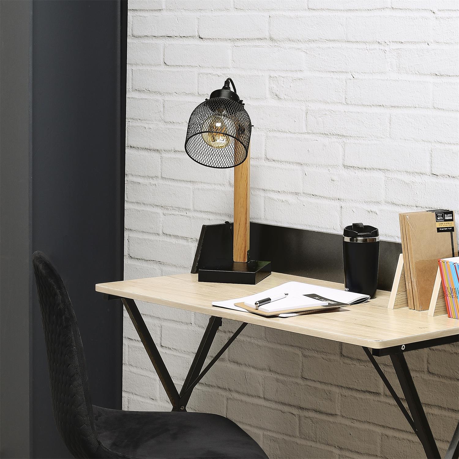 Lampe à poser grille métal noir bois