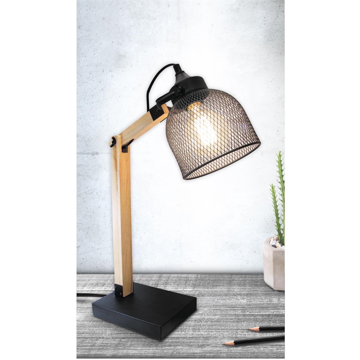 Lampe à poser grille métal noir bois