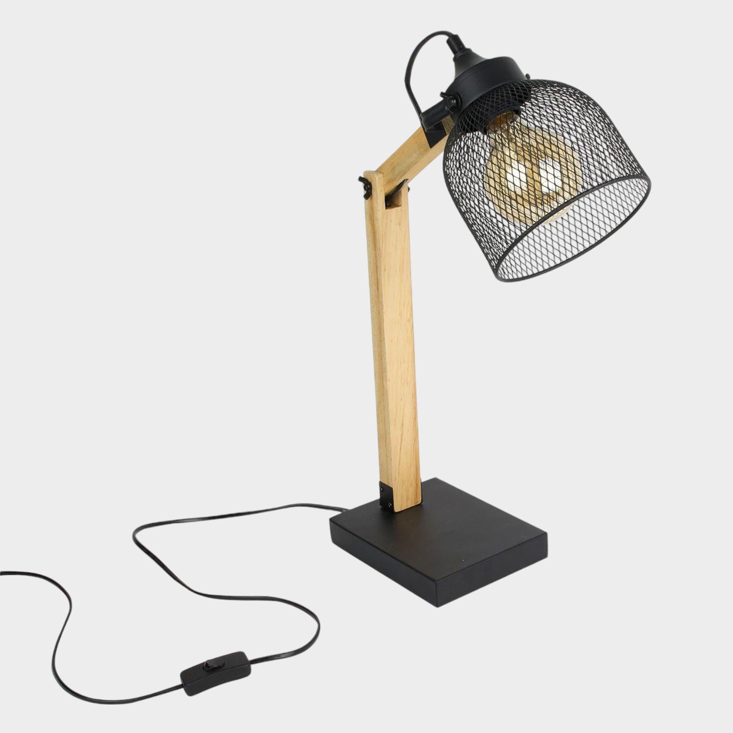 Lampe à poser grille métal noir bois