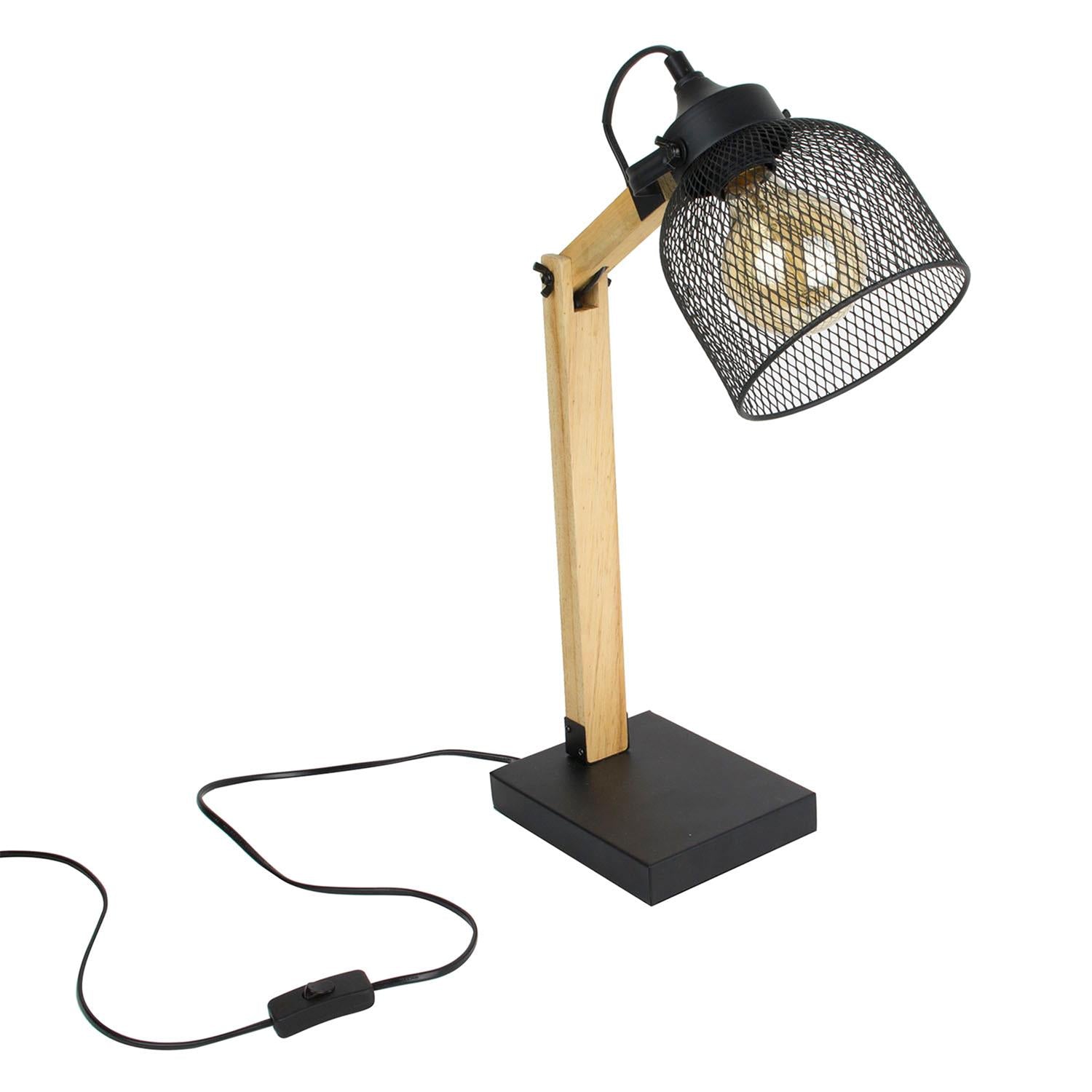 Lampe à poser grille métal noir bois