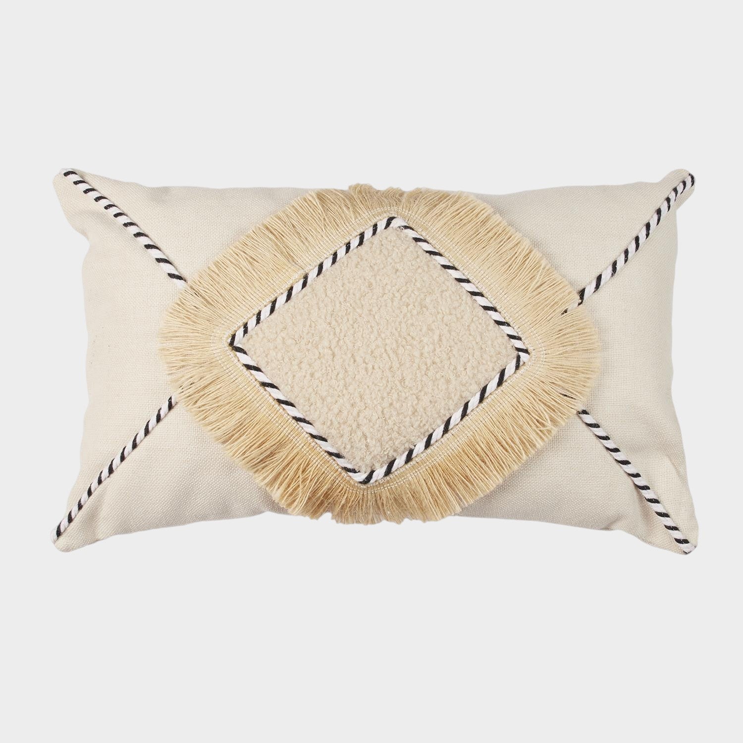 Coussin beige et blanc à franges 30x50cm