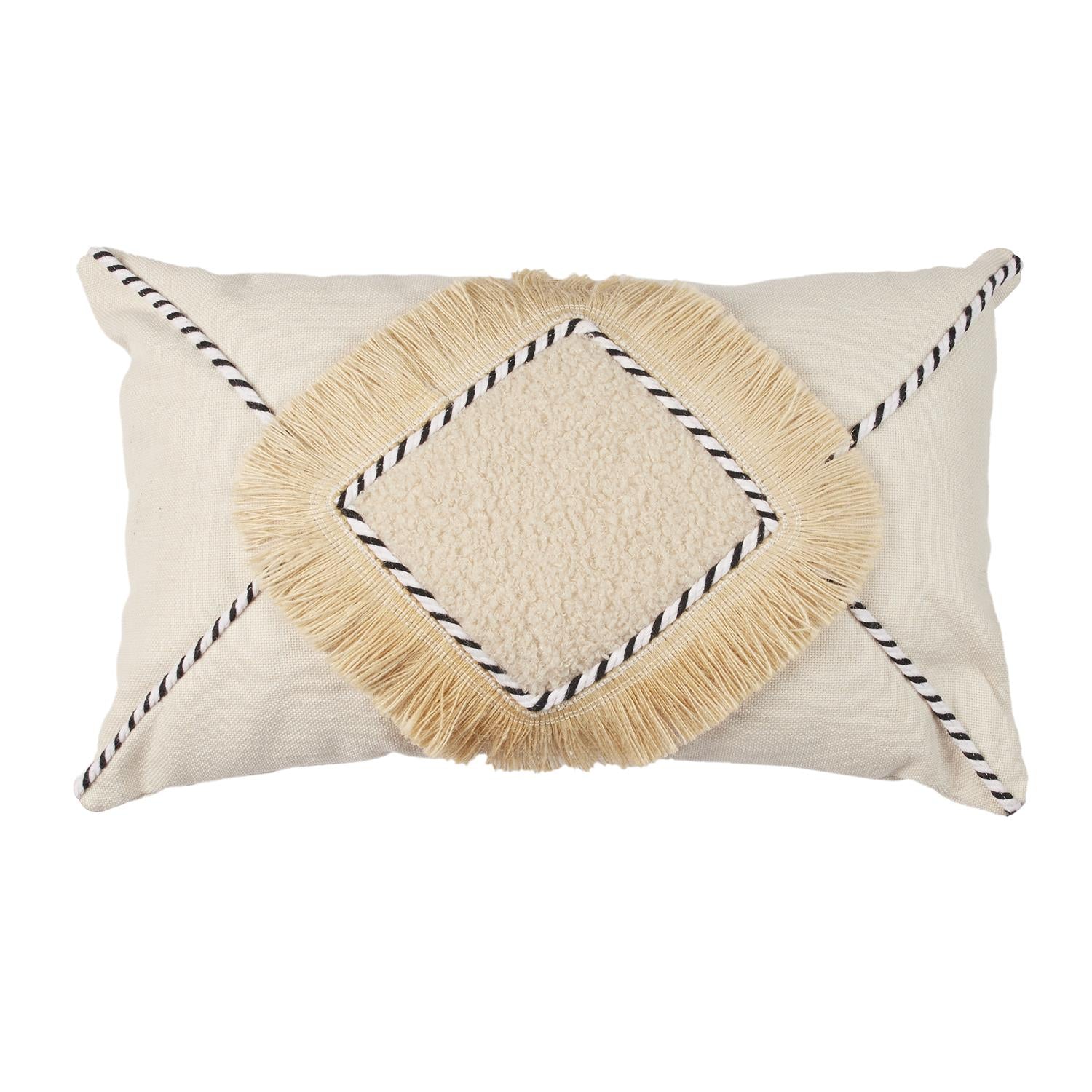 Coussin beige et blanc à franges 30x50cm