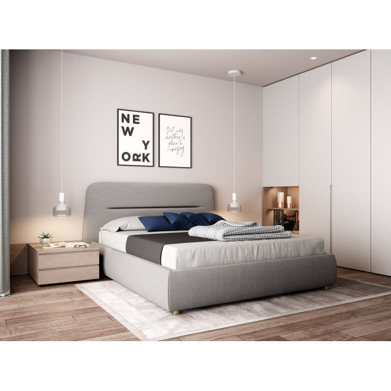 Cadre de lit avec coffre et tête de lit en tissu - Gris clair