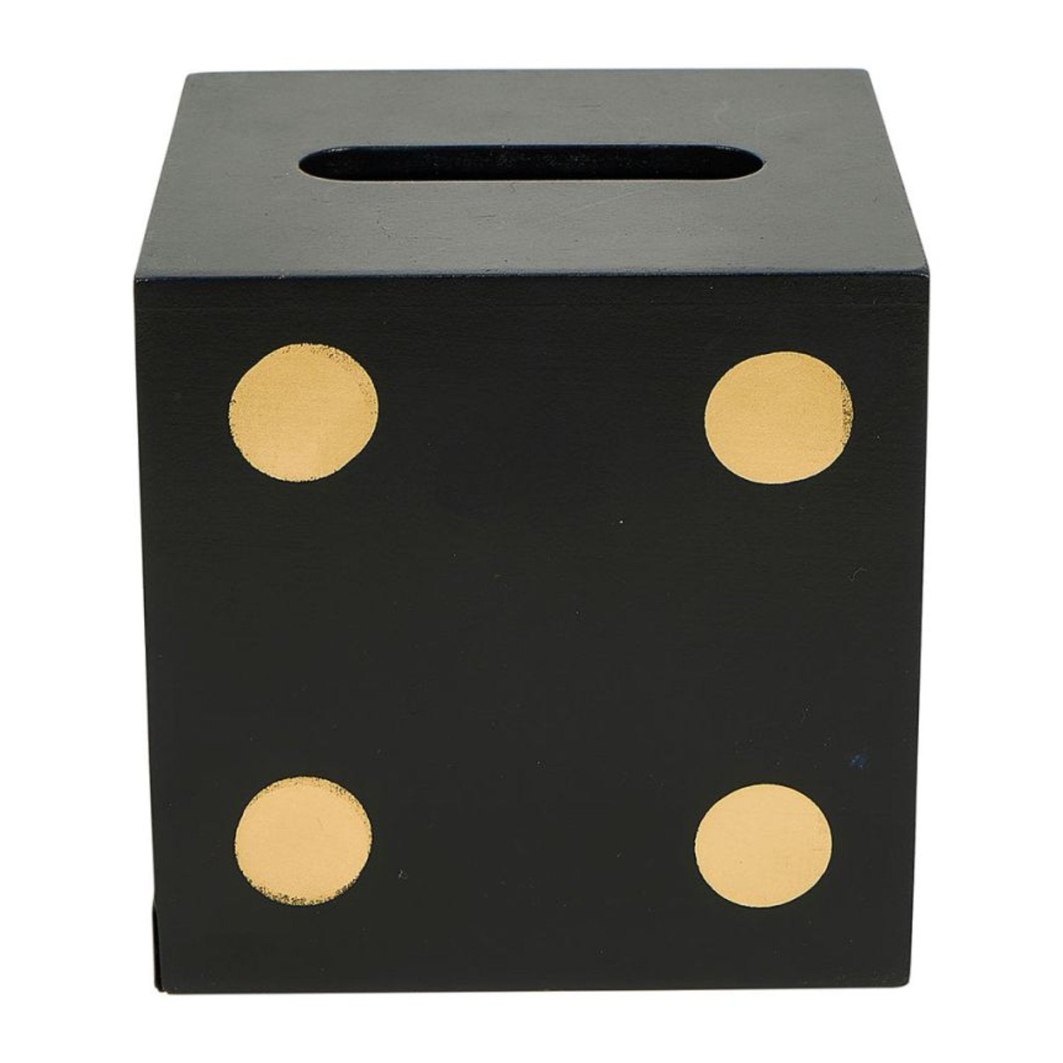 Boîte à mouchoirs en forme de dés, couleur noir et doré, ajoutant une touche d'élégance et de confort à la décoration intérieure.