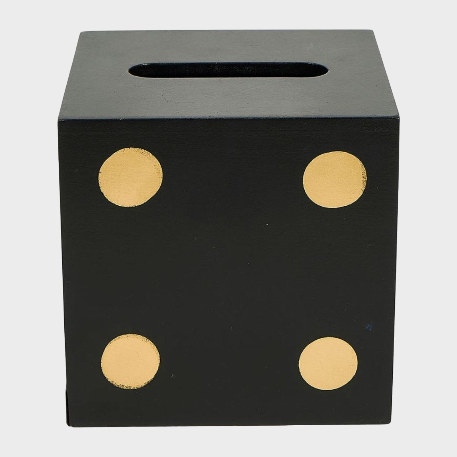 Boîte à mouchoirs en forme de dés, couleur noir et doré, ajoutant une touche d'élégance et de confort à la décoration intérieure.