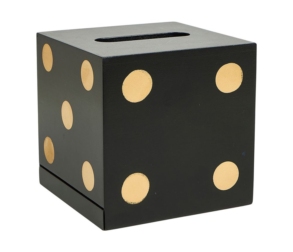 Boîte à mouchoirs en forme de dés, couleur noir et doré, ajoutant une touche d'élégance et de confort à la décoration intérieure.