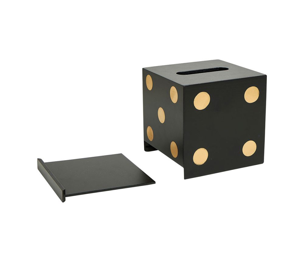 Boîte à mouchoirs en forme de dés, couleur noir et doré, ajoutant une touche d'élégance et de confort à la décoration intérieure.