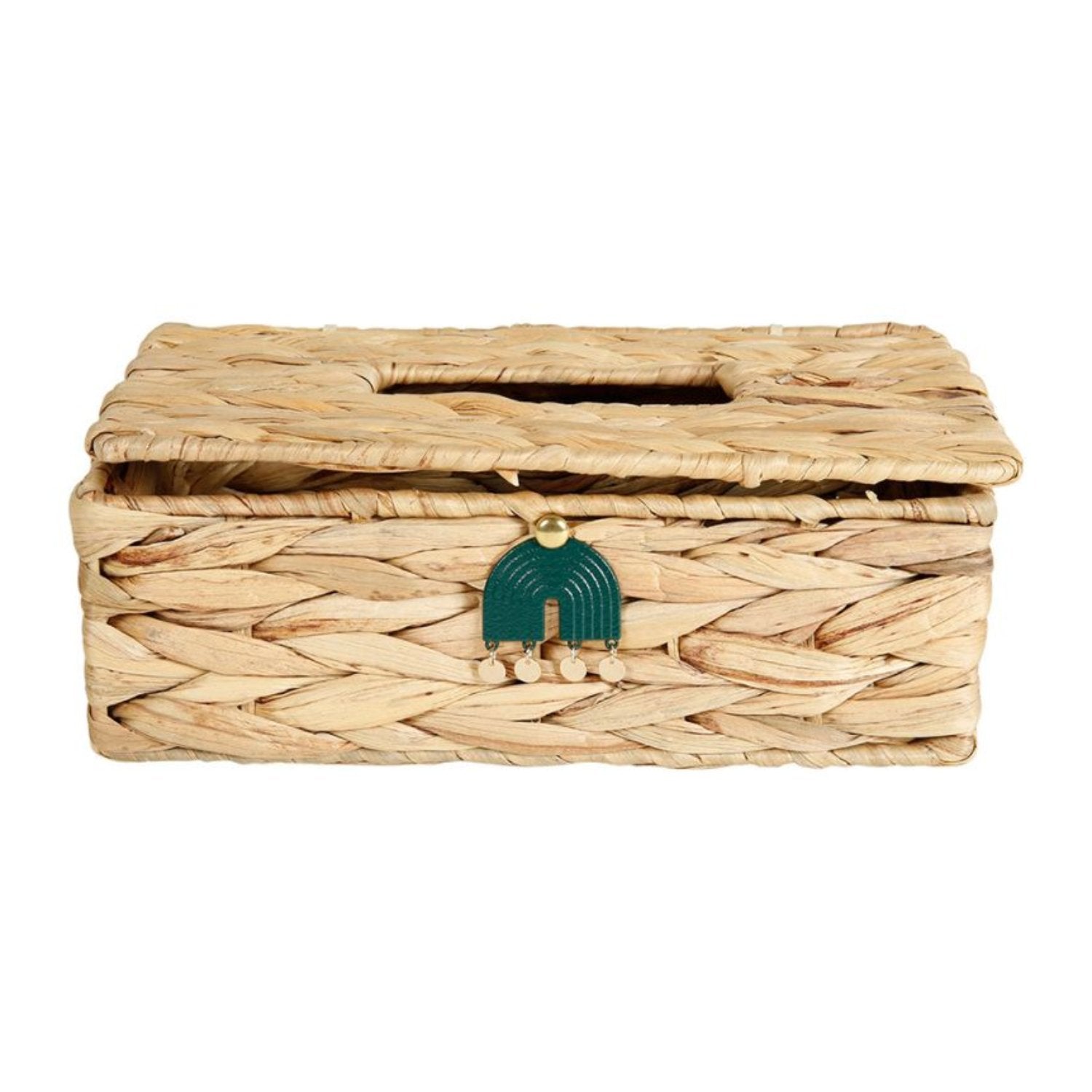 Boîte à mouchoirs rectangulaire en matériaux naturels avec ornement vert, idéale pour ajouter une touche de fraîcheur naturelle à la décoration intérieure.