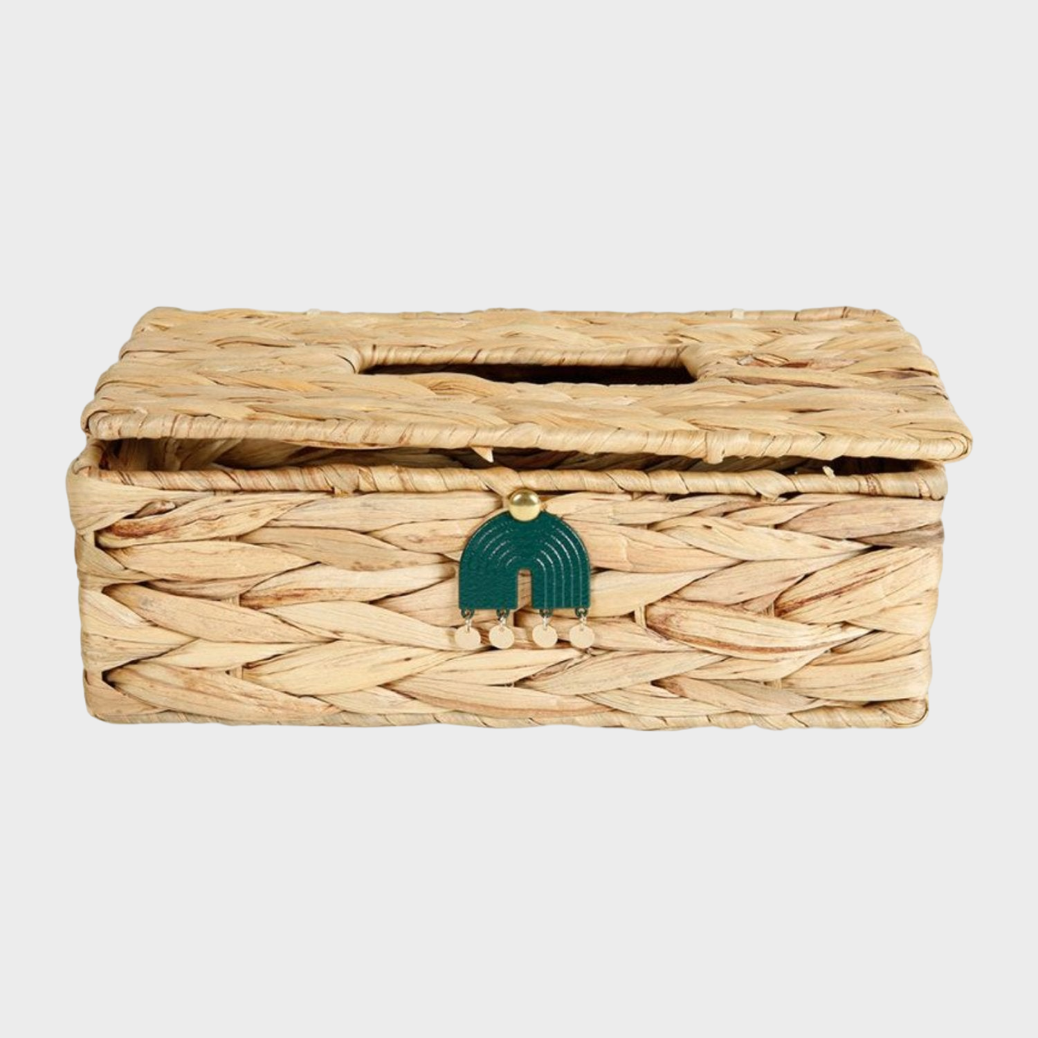 Boîte à mouchoirs rectangulaire en matériaux naturels avec ornement vert, idéale pour ajouter une touche de fraîcheur naturelle à la décoration intérieure.