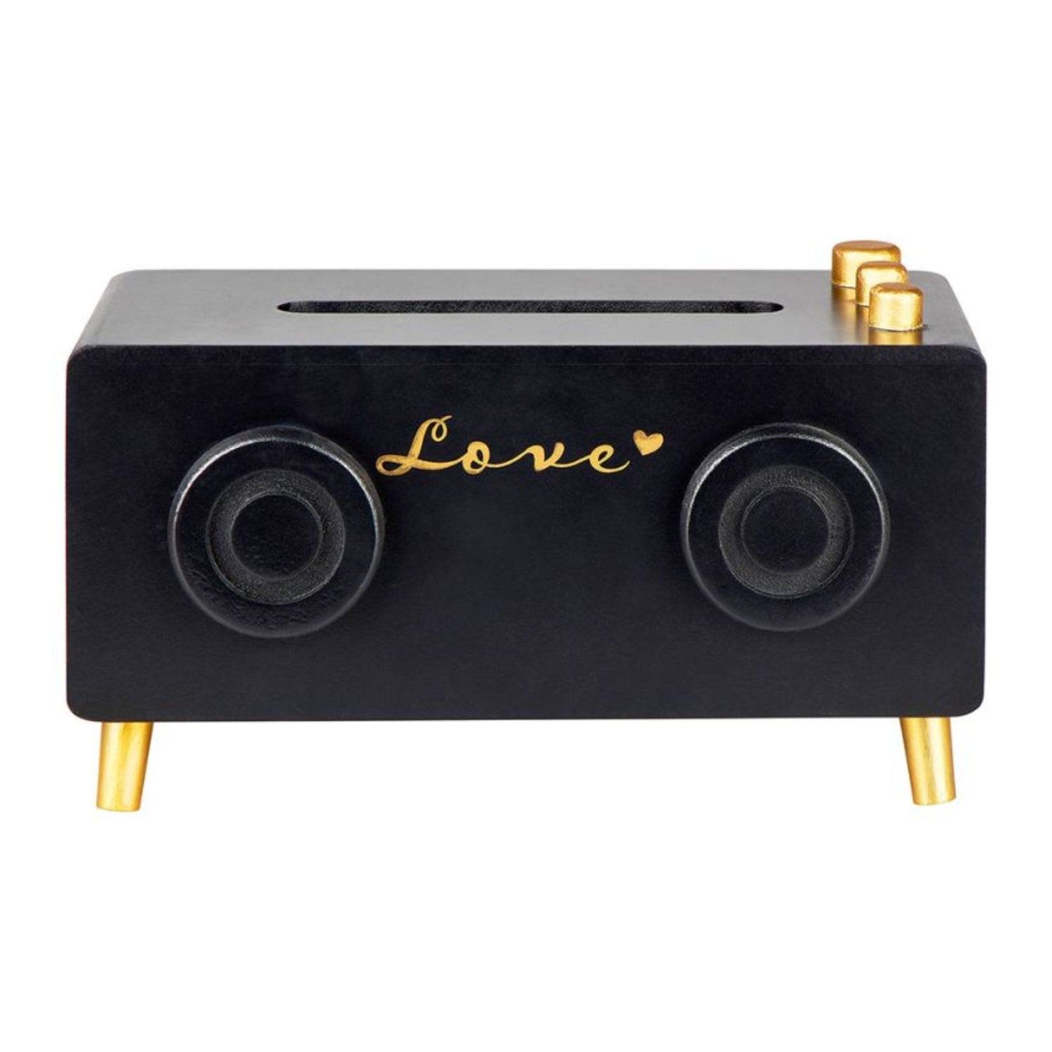 Boîte à mouchoirs en bois avec design radio noir et doré, ajoutant une touche élégante et unique à la décoration intérieure.