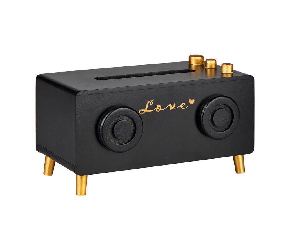 Boîte à mouchoirs en bois avec design radio noir et doré, ajoutant une touche élégante et unique à la décoration intérieure.