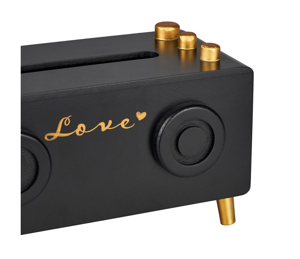 Boîte à mouchoirs en bois avec design radio noir et doré, ajoutant une touche élégante et unique à la décoration intérieure.