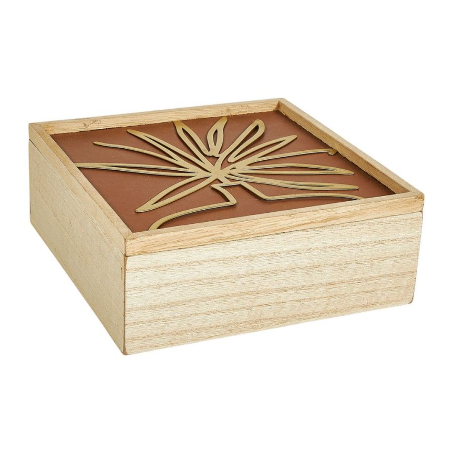 Boîte à bijoux en bois avec fleur dorée, idéale pour ranger vos bijoux précieux avec élégance et style.