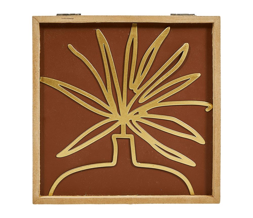 Boîte à bijoux en bois avec fleur dorée, idéale pour ranger vos bijoux précieux avec élégance et style.