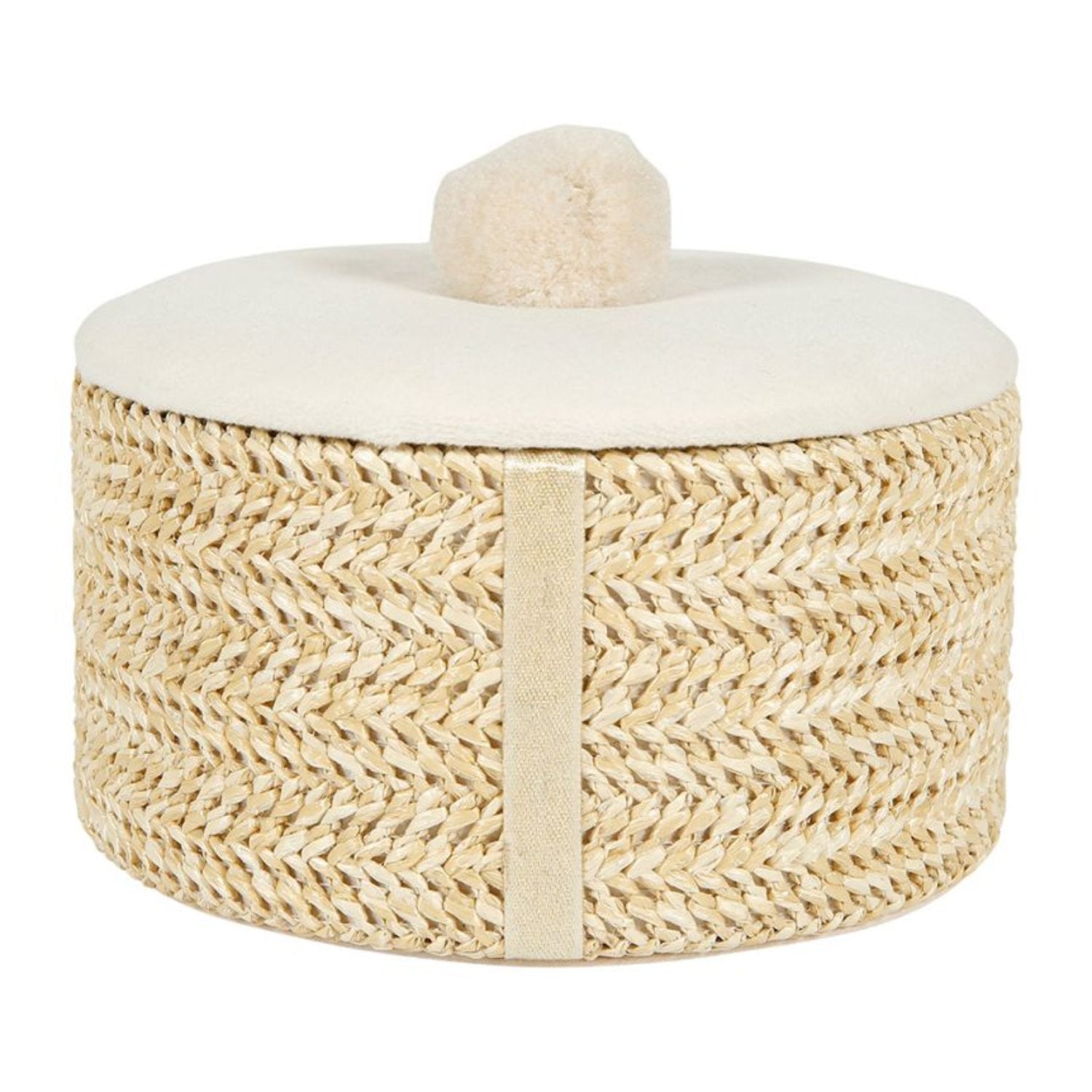 Boîte cylindrique en bois tressé beige, idéale pour ranger des petits objets et ajouter une touche d'élégance à la décoration intérieure.