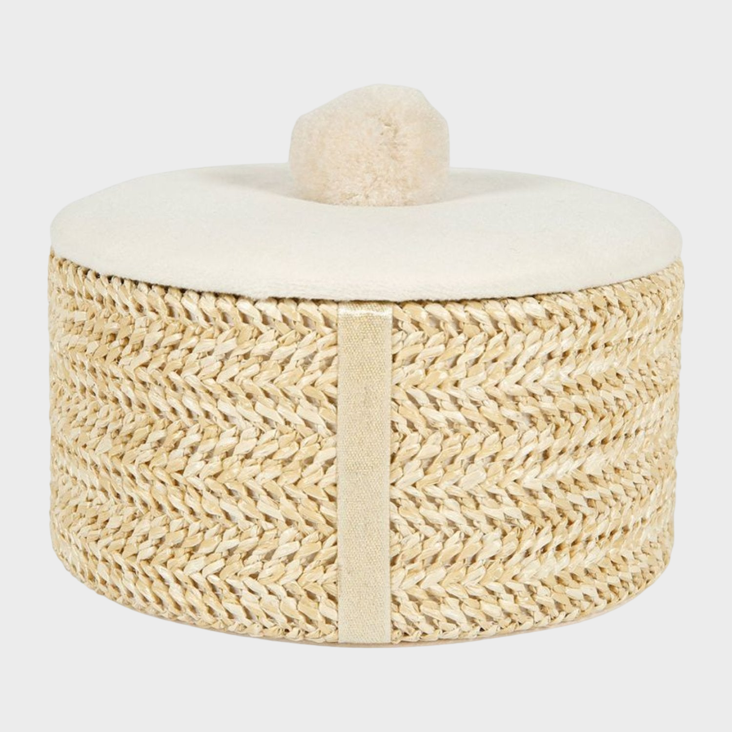 Boîte cylindrique en bois tressé beige, idéale pour ranger des petits objets et ajouter une touche d'élégance à la décoration intérieure.