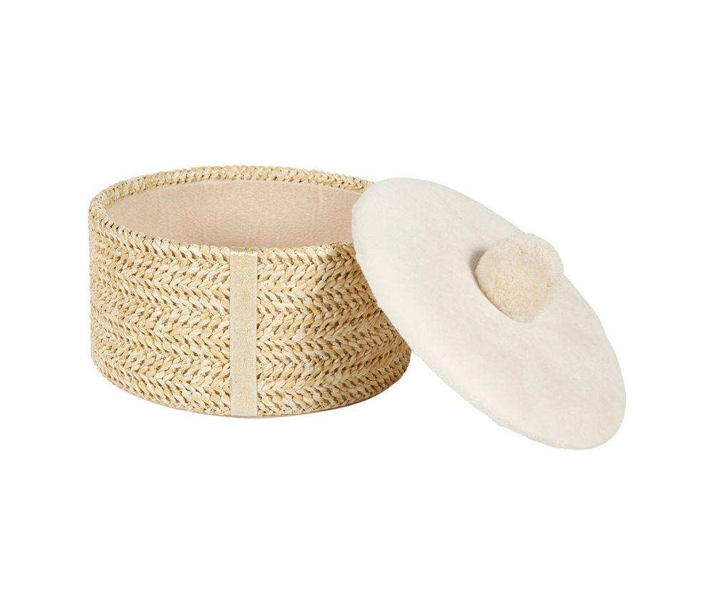 Boîte cylindrique en bois tressé beige, idéale pour ranger des petits objets et ajouter une touche d'élégance à la décoration intérieure.