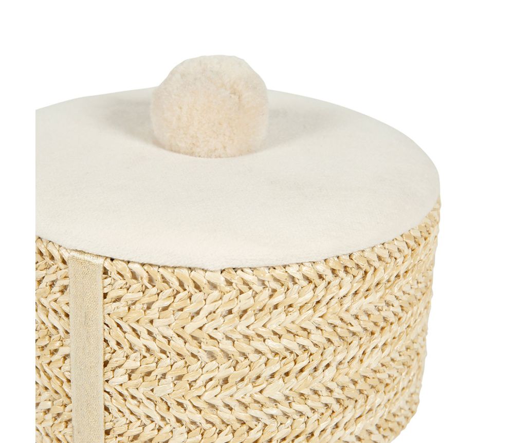 Boîte cylindrique en bois tressé beige, idéale pour ranger des petits objets et ajouter une touche d'élégance à la décoration intérieure.