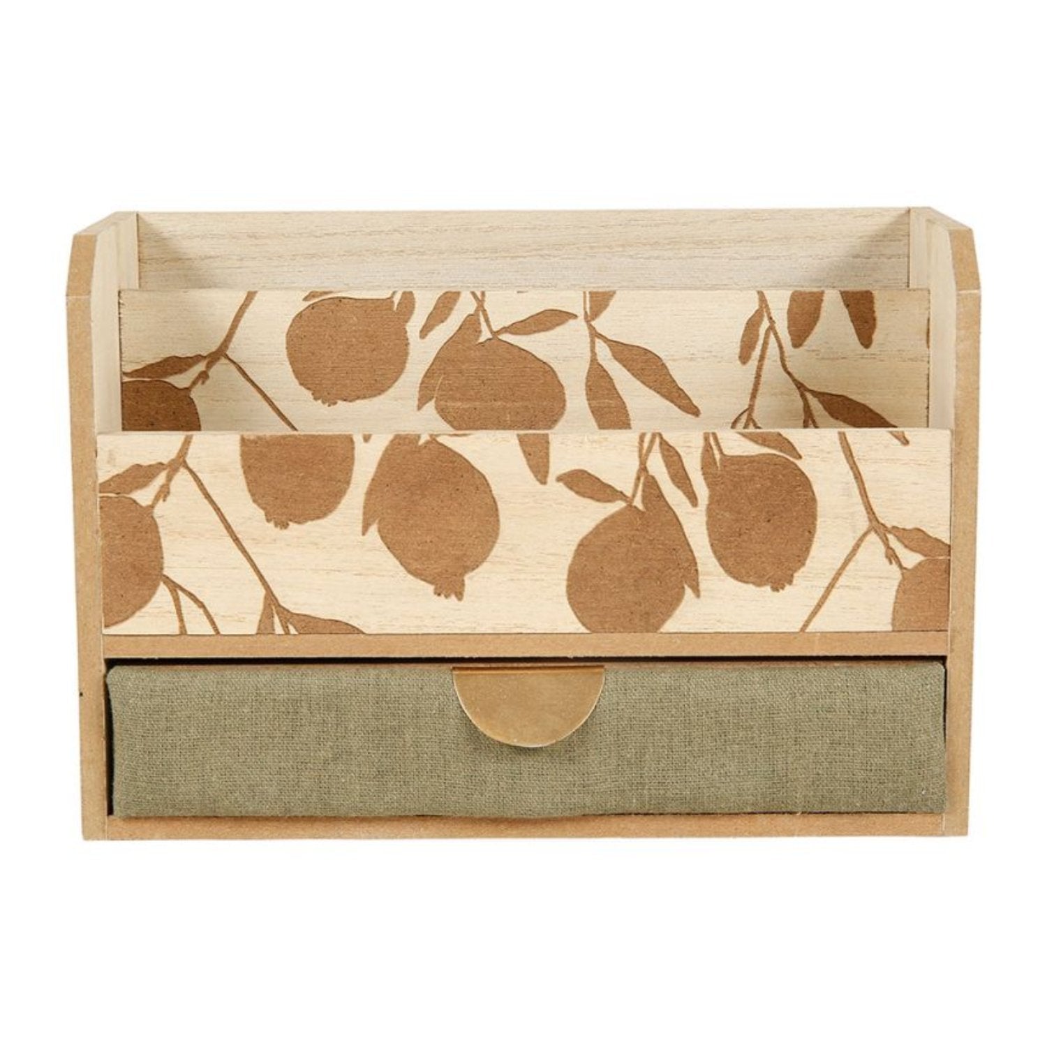 Boîte range courrier en bois avec motif 'Feuilles' et poignée dorée, offrant une touche de couleur avec tissu vert.