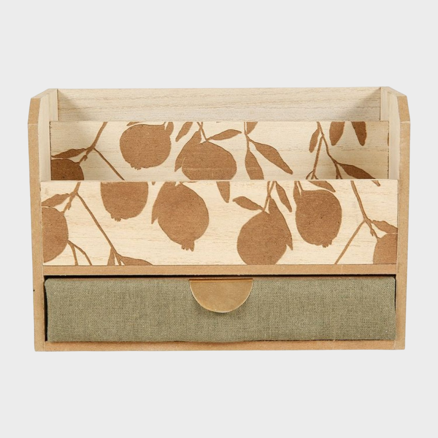 Boîte range courrier en bois avec motif 'Feuilles' et poignée dorée, offrant une touche de couleur avec tissu vert.