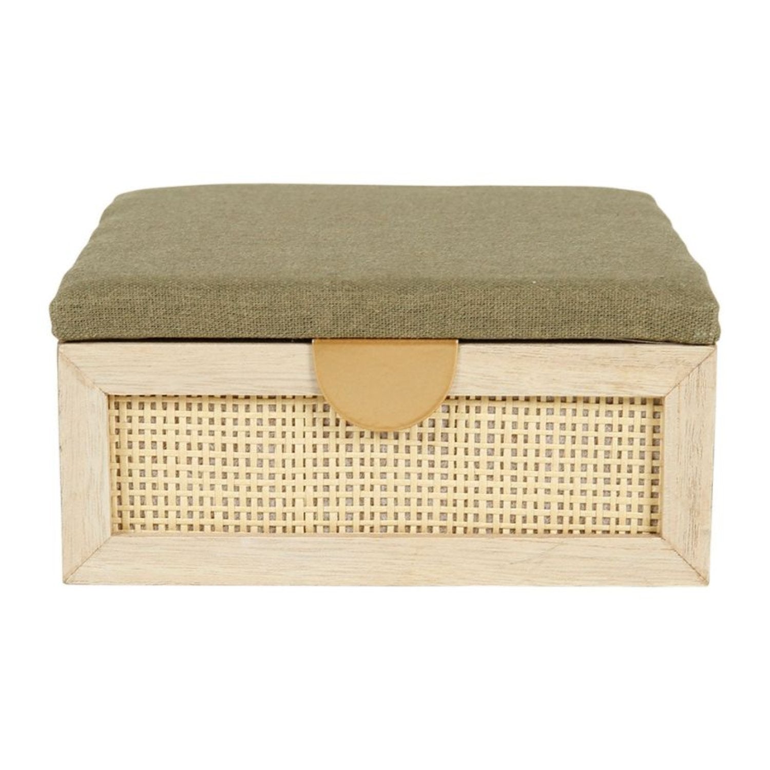 Boîte rectangulaire en rotin avec poignée dorée, en bois et tissu vert, idéale pour ajouter une touche de sophistication à la décoration intérieure.