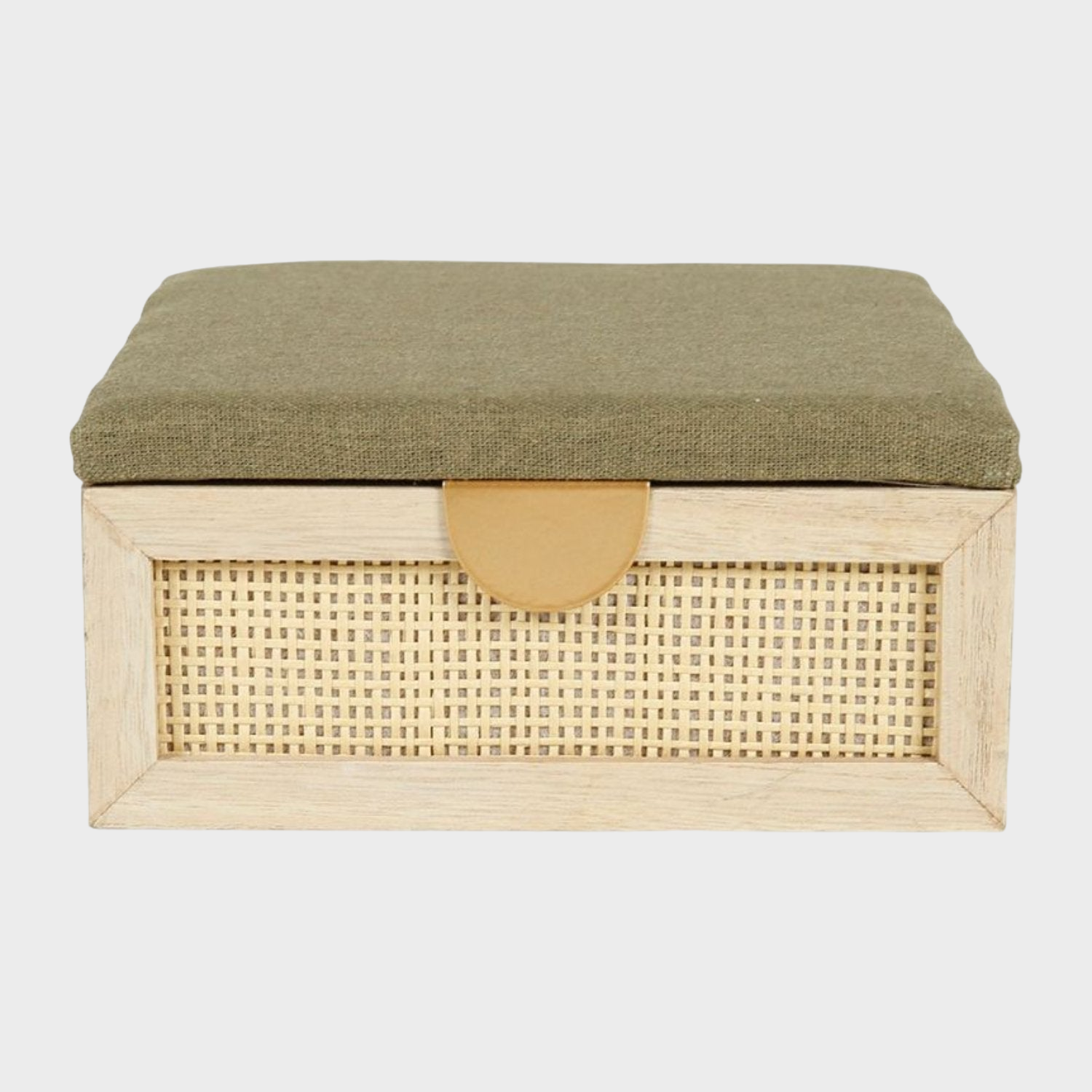Boîte rectangulaire en rotin avec poignée dorée, en bois et tissu vert, idéale pour ajouter une touche de sophistication à la décoration intérieure.