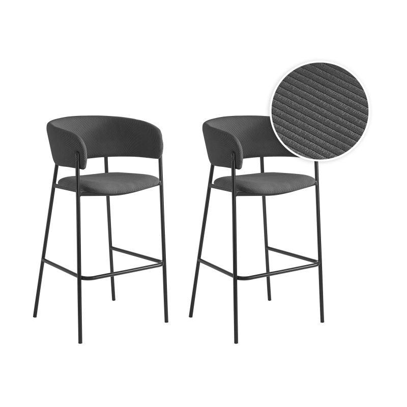 Lot de 6 tabourets de bar en velours côtelé avec pieds noirs - Gris foncé