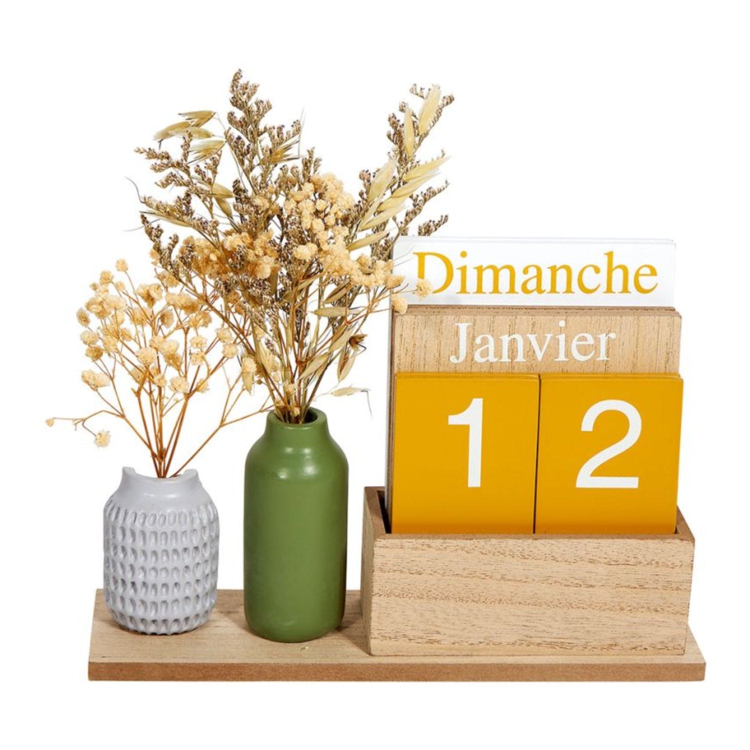 Calendrier perpétuel avec vases contenant des fleurs séchées, ajoutant une touche élégante et intemporelle à la décoration intérieure.