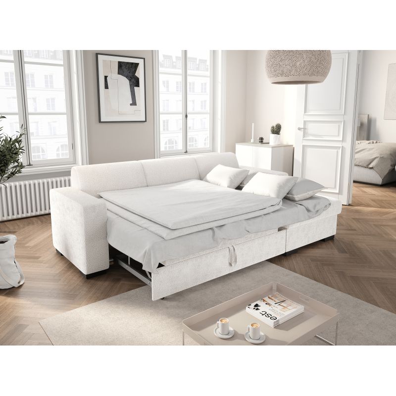 Canapé d'angle convertible avec coffre en tissu bouclette - Blanc