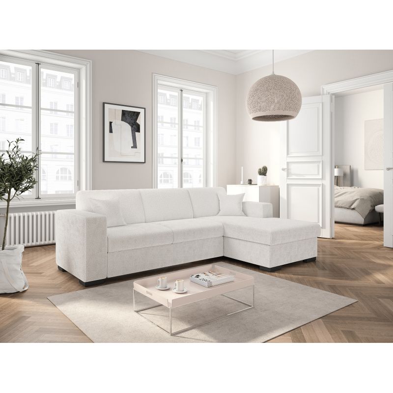 Canapé d'angle convertible avec coffre en tissu bouclette - Blanc
