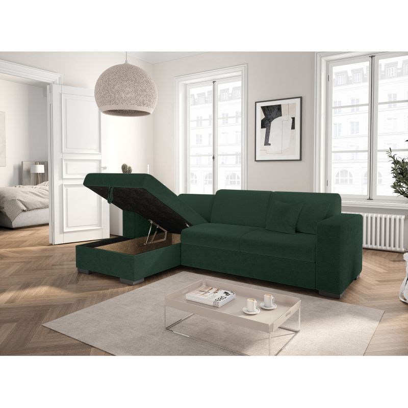 Canapé d'angle convertible avec coffre en tissu bouclette - Vert