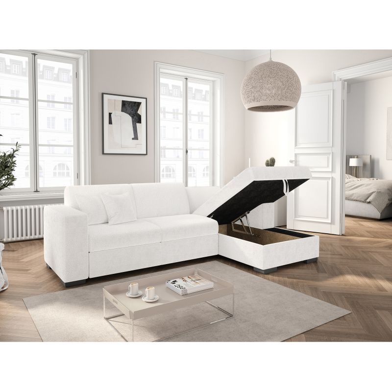 Canapé d'angle convertible avec coffre en tissu bouclette - Blanc