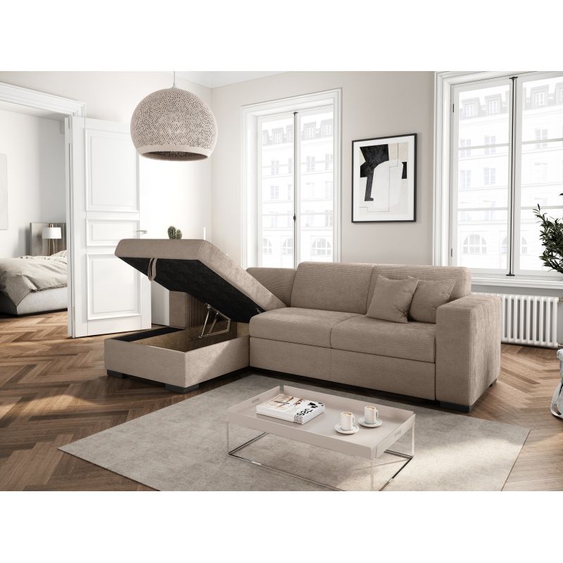 Canapé d'angle convertible avec coffre  en velours côtelé - Taupe