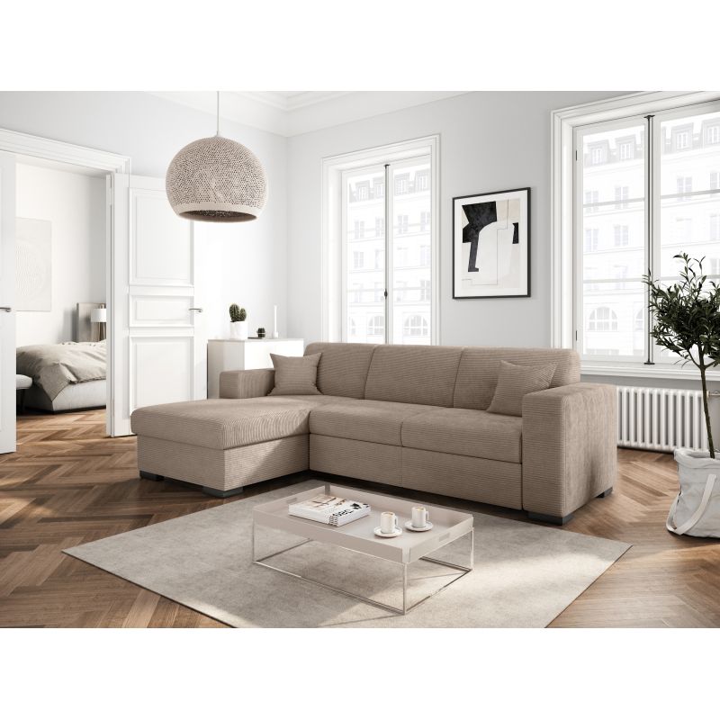 Canapé d'angle convertible avec coffre  en velours côtelé - Taupe